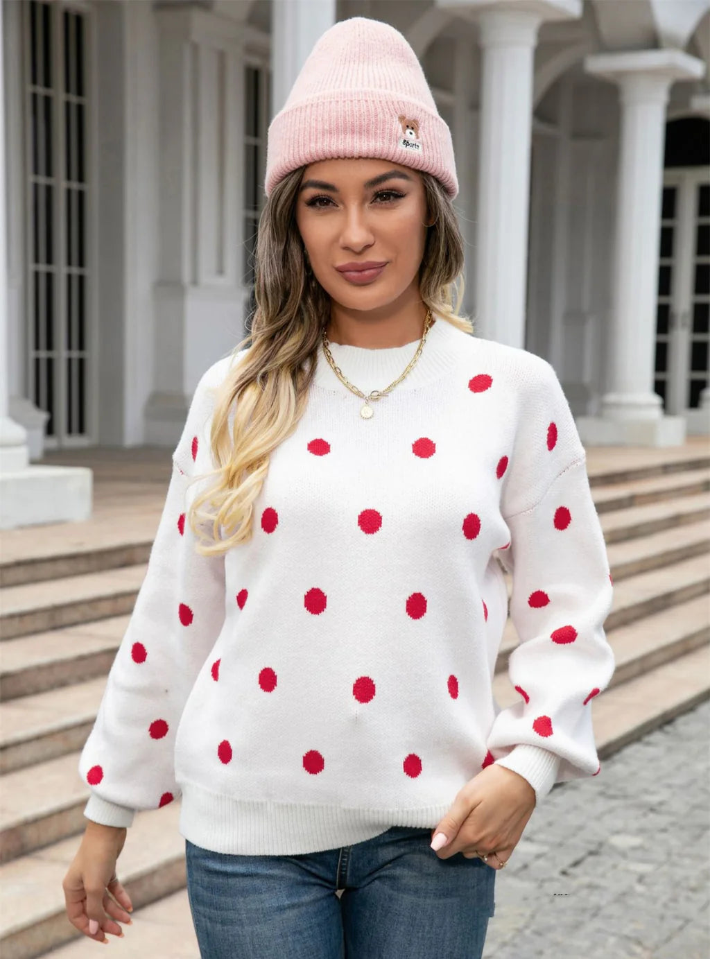 Knitwear Polka Dot Pullover Sweater Elbow Length Sleeve