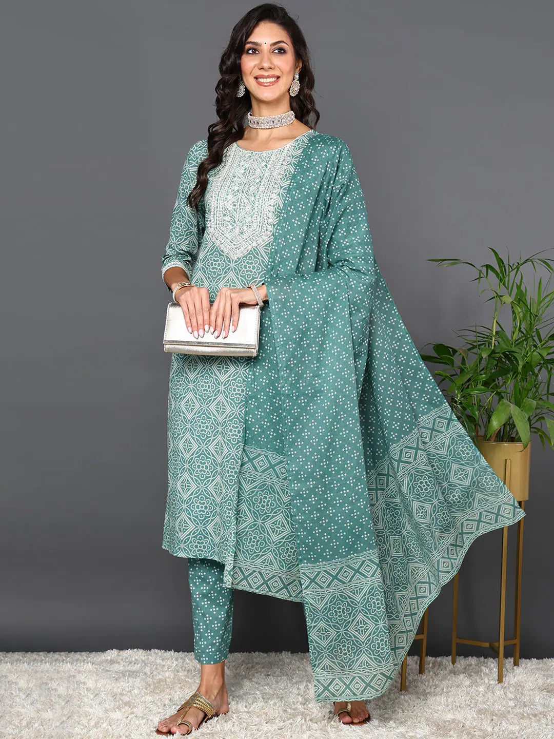 Ahika Women Green Pure Cotton Bandhani Printed Kurta Trouser With Dupatta Trousers fashionable chic Ahika Women Green Pure Cotton Bandhani Printed Kurta Trouser With Dupatta Trousers fashionable chic
