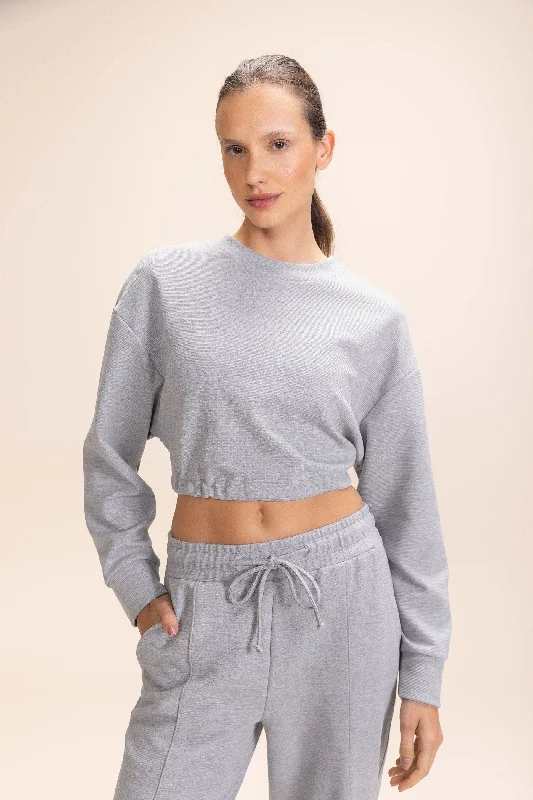 Sleek Long Sleeve Crop Sweatshirt Hoodie with Hidden Zipper Minimalist Clean