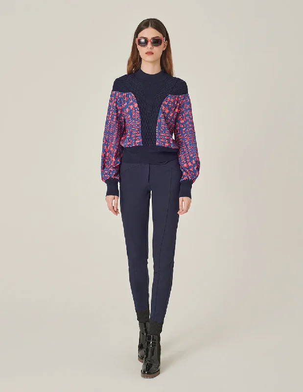 MARYLING V-Shaped Printed Patchwork Knitted Pullover Boat Neck Sweater
