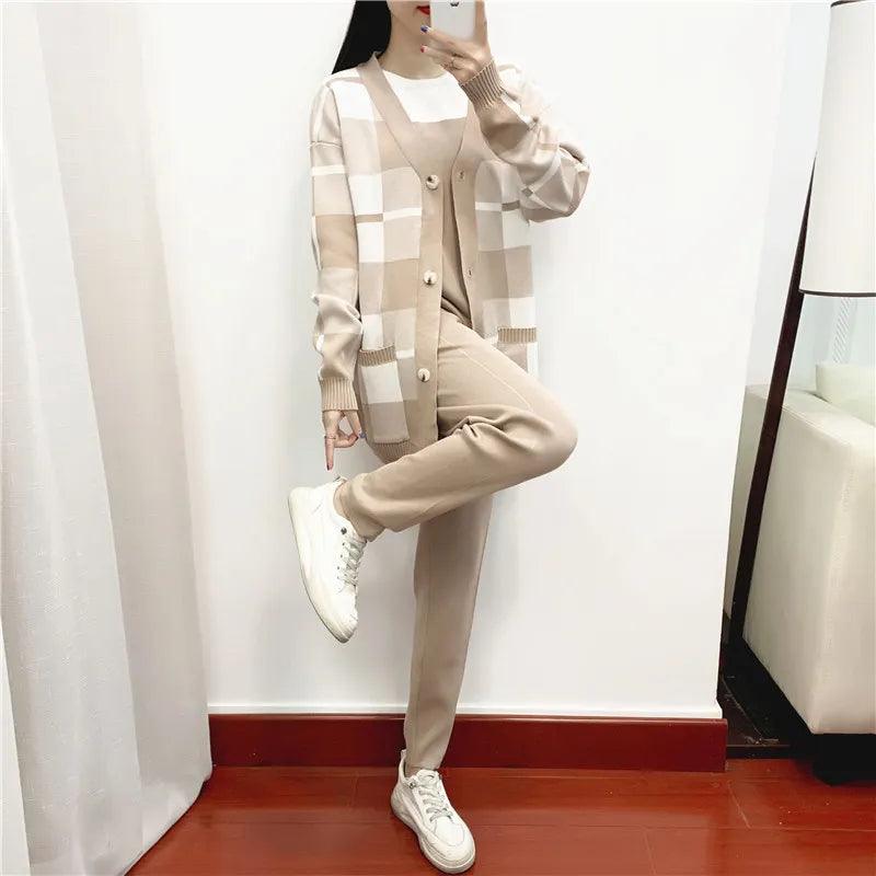 3-Piece Harem Pants Women Sweater Set Faux Fur Fabric Real Fur Fabric Shearling Fabric