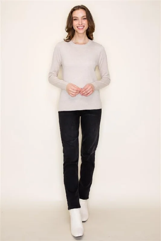 Basic Crew Neck Pullover Sweater - Oatmeal Asymmetrical Neck Pullover