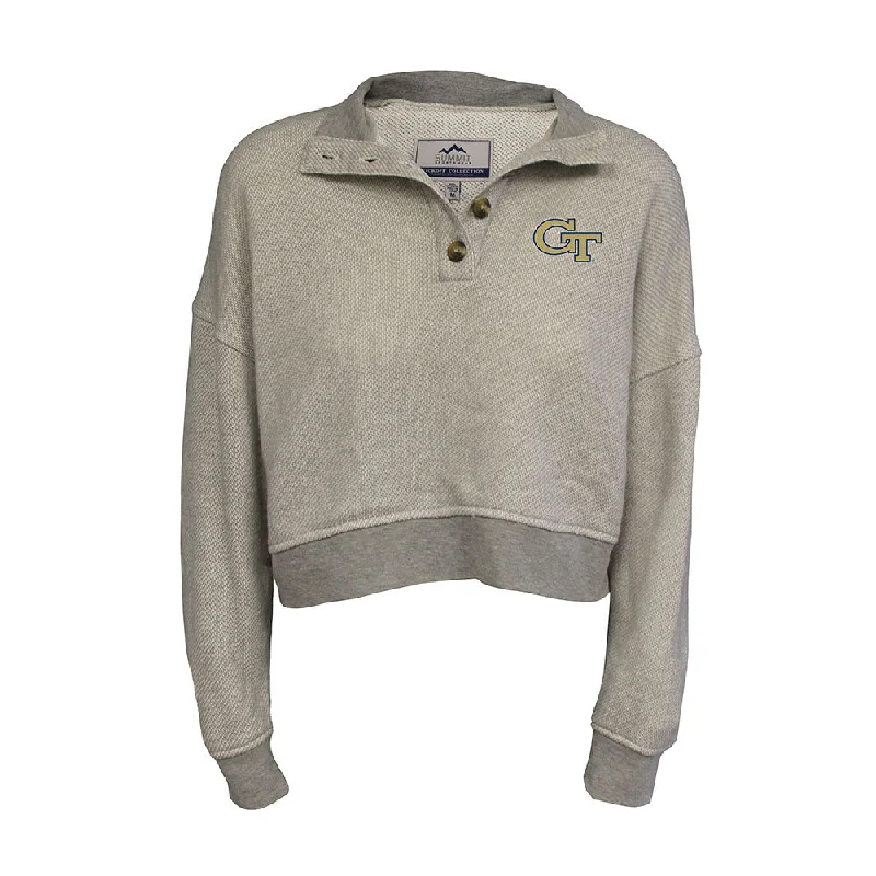 Ladies Georgia Tech Yellow Jackets 1/4 Button Up Costal Terry Grey Sweatshirt Hoodie with Hem Detail Decorative Unique Ladies Georgia Tech Yellow Jackets 1/4 Button Up Costal Terry Grey Sweatshirt Hoodie with Hem Detail Decorative Unique