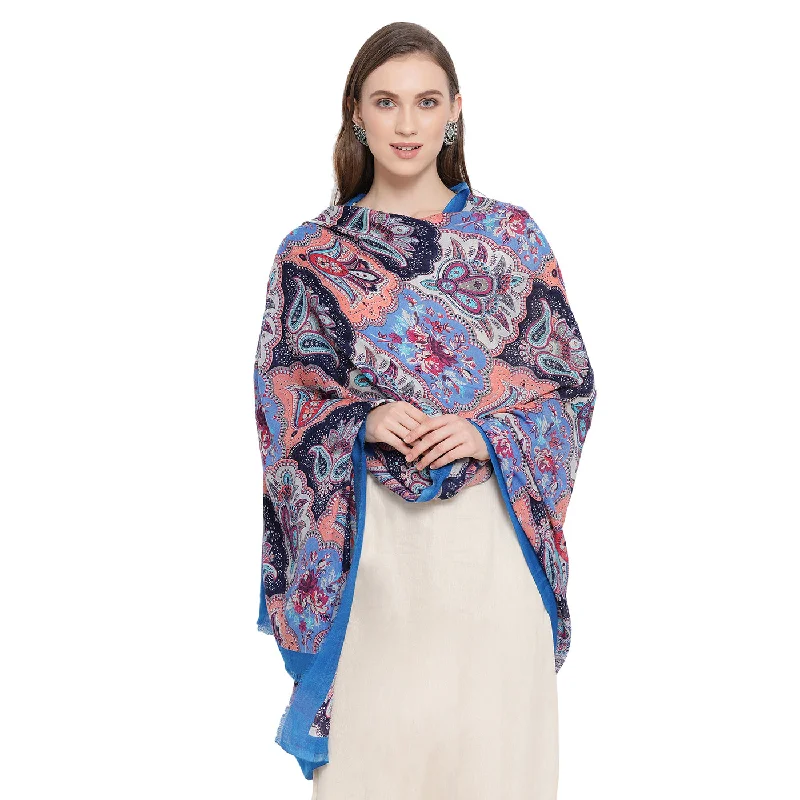 Paisley Block Blue Printed Shawl Stylish Oversized Wool Shawl