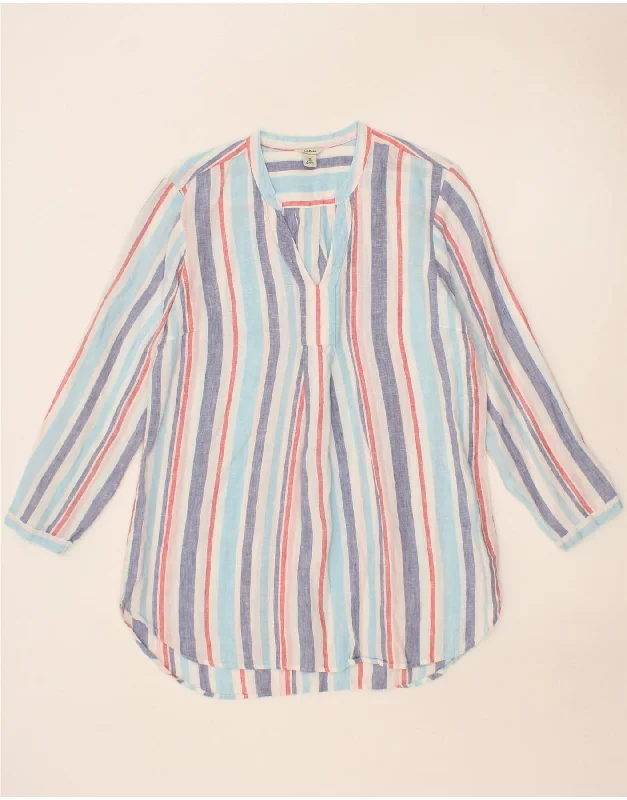 L.L.BEAN Womens Longline Pullover Shirt UK 14 Medium Blue Striped Linen Puff Sleeve Stylish