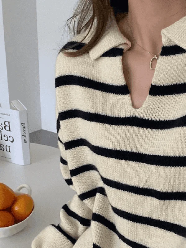 Vintage Striped Pullover Sweater Fitted Ribbed Sweater