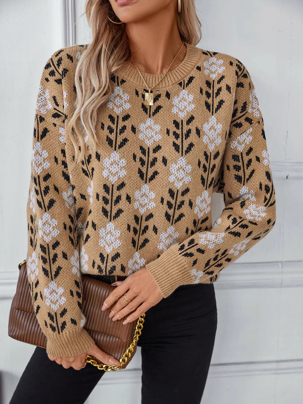 Ladies Flower Jacquard Pullover Sweater Shirred Sleeve Feminine