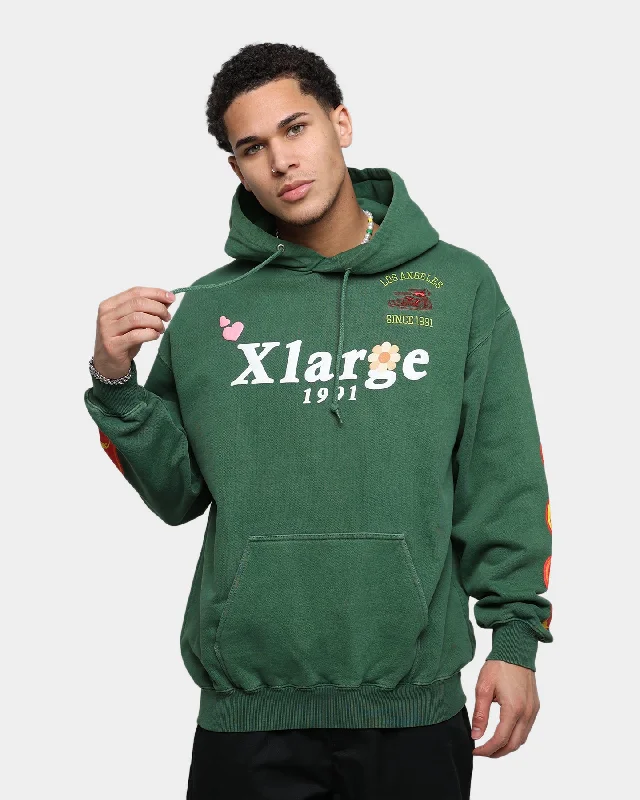 X-Large Pigment Dyed Puff Logo Pullover Hoodie Green Hoodie with Pocket Utility Practical