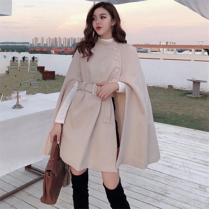 Mid-length High Quality Woolen Shawl Cape Poncho Coat Women Plus Size Cape Coats Cozy Woolen Shawl Cape