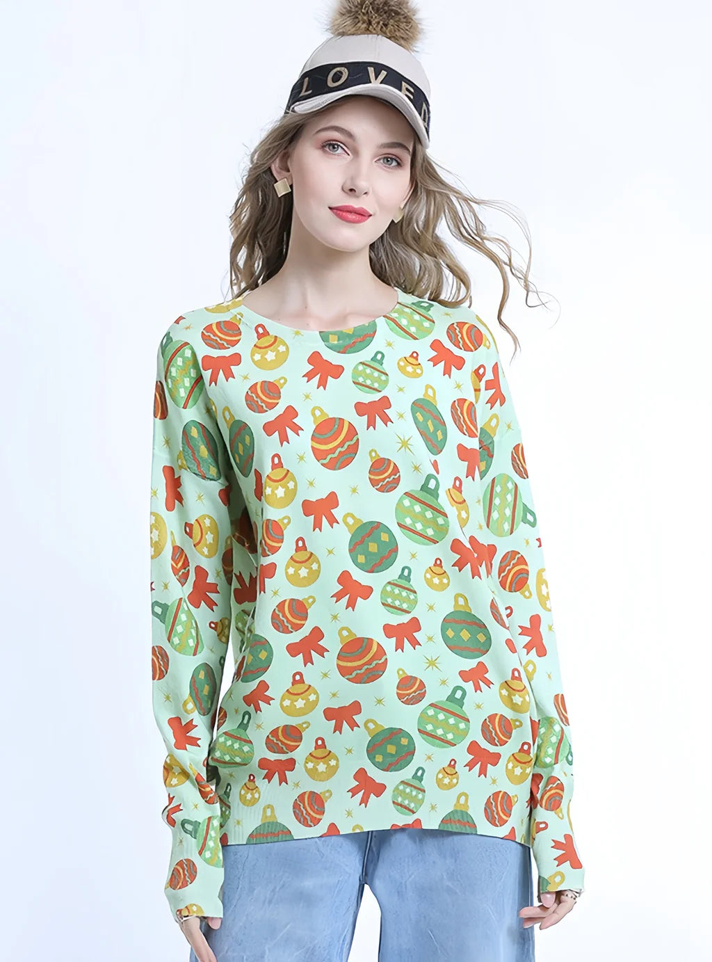 FASHION CHRISTMAS ROUND NECK PULLOVER PRINTED SWEATER Leg Sleeve Comfort