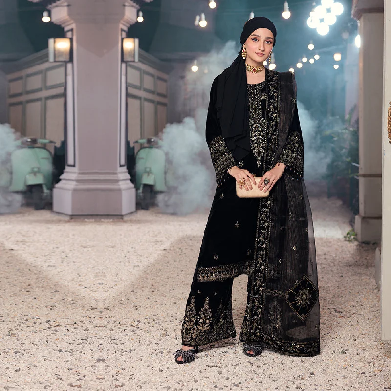 Eminent Women's Velvet Embroidered Unstitched Suit With Embroidered Shawl - Black Cozy Knit Shawl Cape