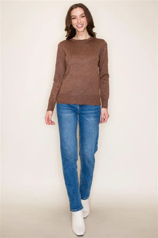 Basic Crew Neck Pullover Sweater - Brown Wide Sleeve Pullover