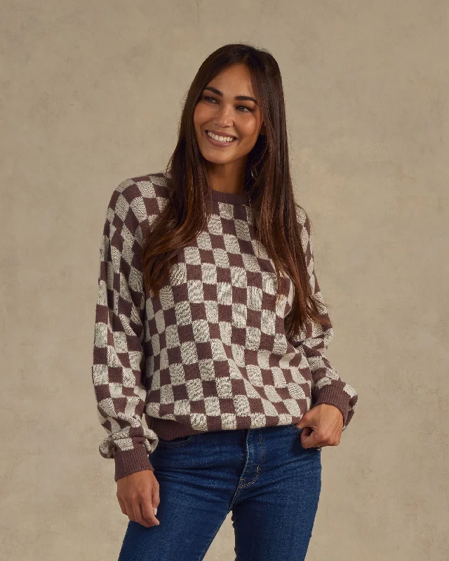 Rylee & Cru Women's Knit Pullover in Plum Checker Turtleneck Warm Pullover