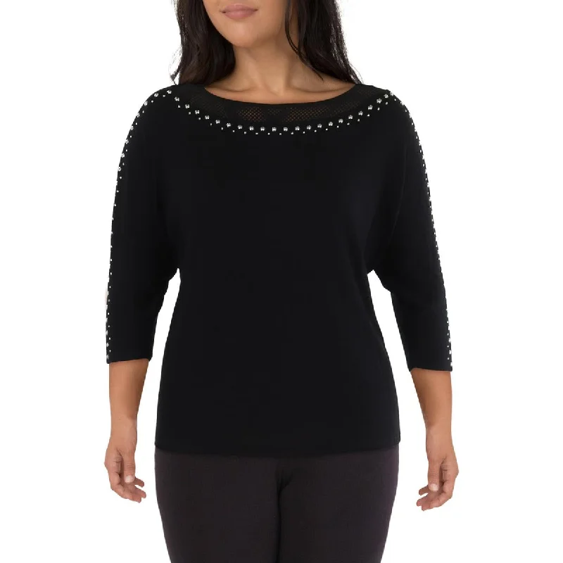 Womens Studded Eyelet Pullover Top Sheath Sleeve Elegant