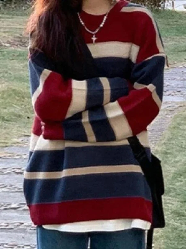 Contrast Color Stripe Splice Pullover Sweater Slouchy Comfort Pullover