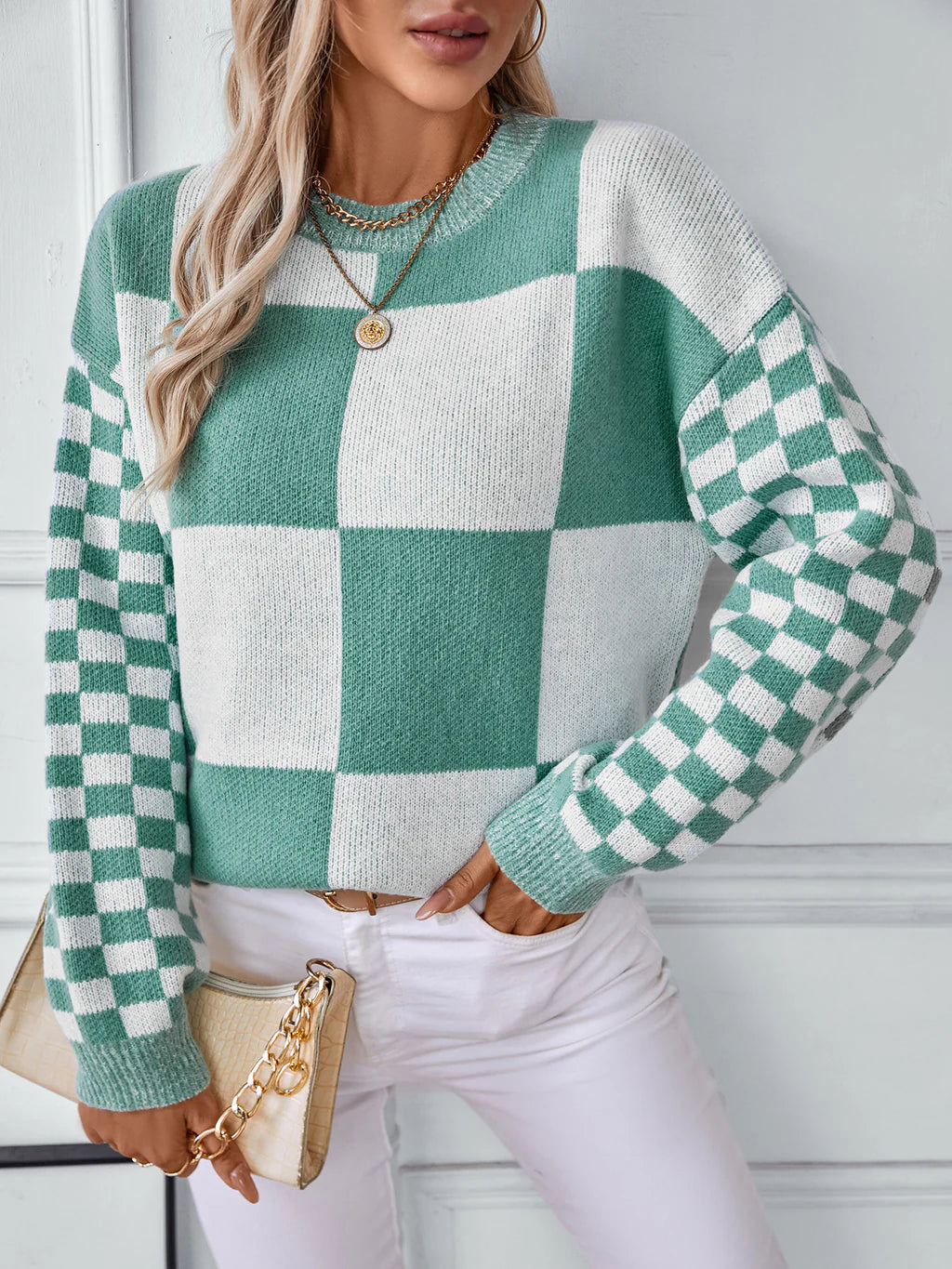 Contrasting Check Pullover Sweater Peter Pan Collar