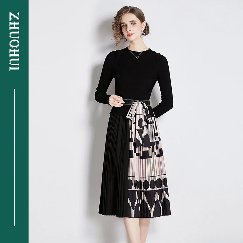 Fashionable Peter Pan Collar Tight Knit High Waist Patchwork Print Pleated Dresses Women Lady Elegant Knitting Sweater Dress Embroidered Appliqued Beaded