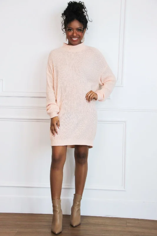 Harrison Mock Neck Sweater Tunic Dress: Pale Blush Mesh Sweater Canvas Denim