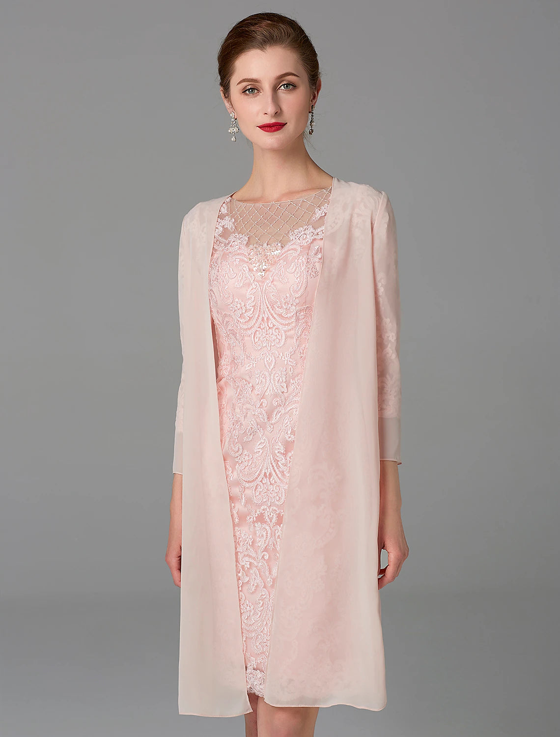 Two Piece Sheath / Column Mother of the Bride Dress Church Sparkle & Shine Jewel Neck Knee Length Chiffon Lace 3/4 Length Sleeve Jacket Dresses with Beading Appliques Cardigan Sweater Pullover