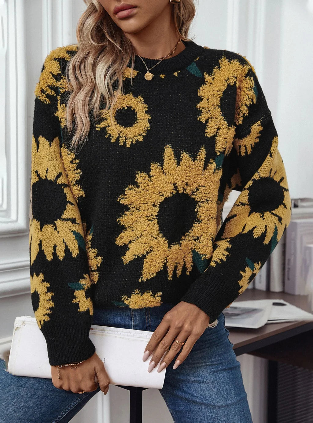 Sunflower Round Neck Long Sleeve Pullover Sweater Spaghetti Sleeve Top