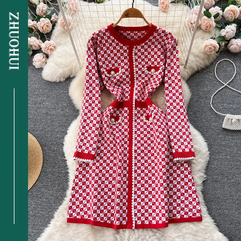 Autumn Winter Chic Peter Pan Collar Long Sleeve Plaid Patchwork Knit Sweater A-Line Dresses Women Lady Elegant Slim Dress Sequined Glittery Shiny