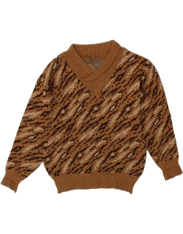 VINTAGE Womens Shawl Neck Jumper Sweater UK 16 Large Brown Comfortable Embroidered Shawl