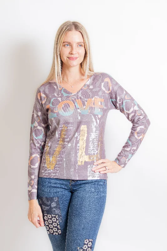 Grey "Love" Print Sweater Spandex Rayon Corduroy