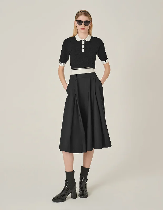 MARYLING Black And White Contrasting Short-Sleeved Polo Collar Knitted Pullover Thick Cable Knit MARYLING Black And White Contrasting Short-Sleeved Polo Collar Knitted Pullover Thick Cable Knit