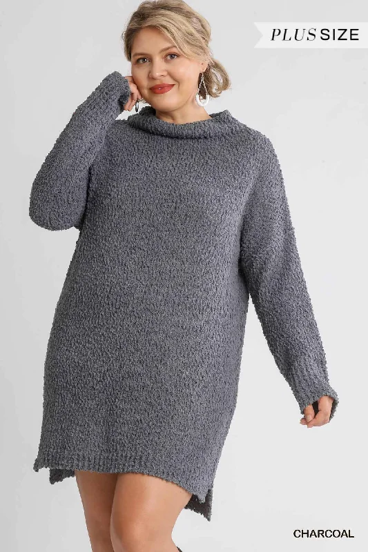 High Cowl Neck Bouclé Long Sleeve Sweater Dress in Charcoal Spandex Rayon Corduroy