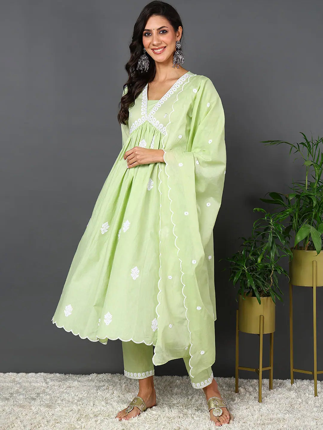 Ahika Women Green Pure Cotton Solid Embroidered Kurta Trouser With Dupatta Trousers luxurious high-end Ahika Women Green Pure Cotton Solid Embroidered Kurta Trouser With Dupatta Trousers luxurious high-end