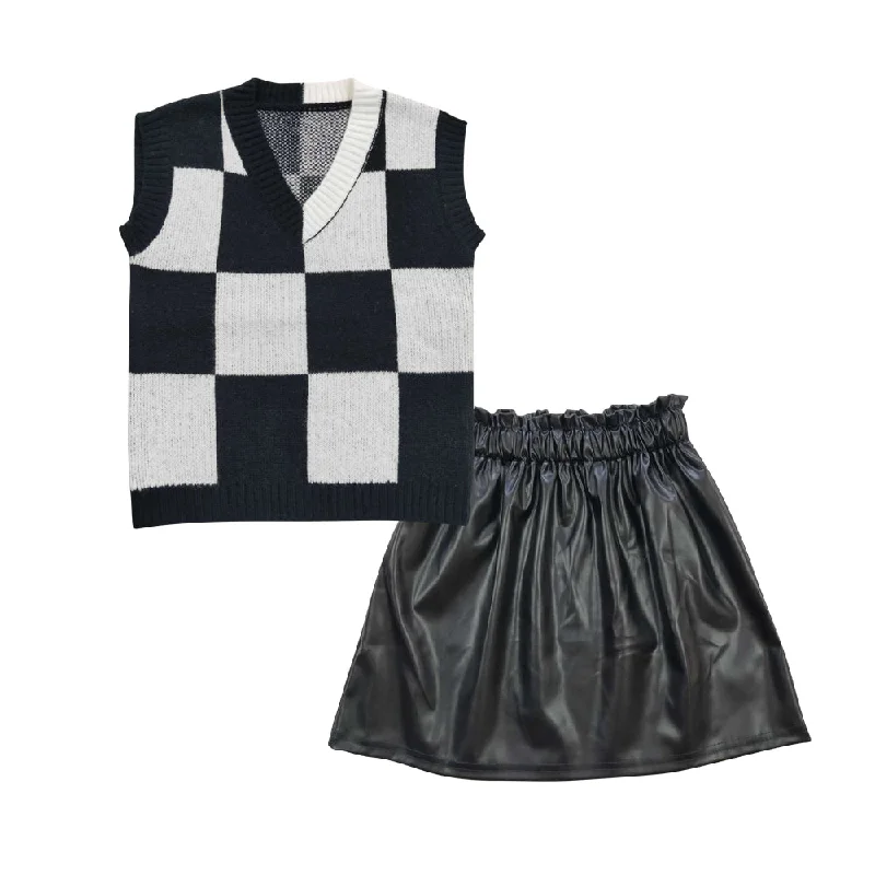 GSD0419  2pcs Black Plaid Sweater GLK0013 Black leather Skirt Dresses Girls Short Sleeve Shorts Outfits Elasticated Padded Insulated