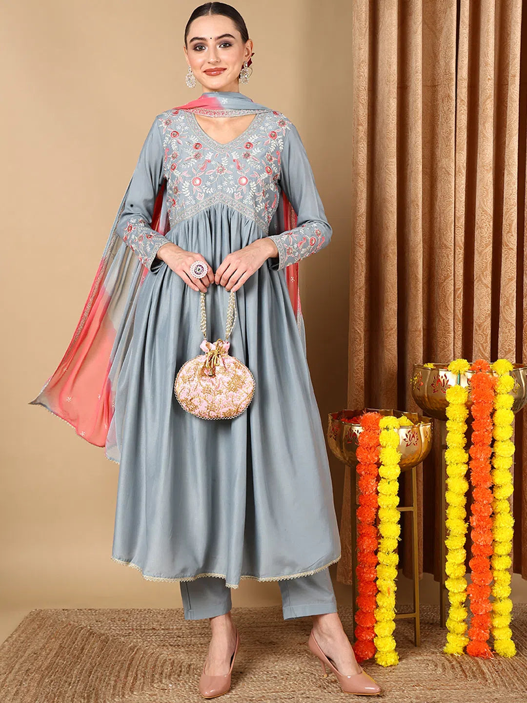 Ahika Women Grey Silk Blend Solid Embroidered Kurta Trouser With Dupatta Chinos Cotton Straight Leg Ahika Women Grey Silk Blend Solid Embroidered Kurta Trouser With Dupatta Chinos Cotton Straight Leg