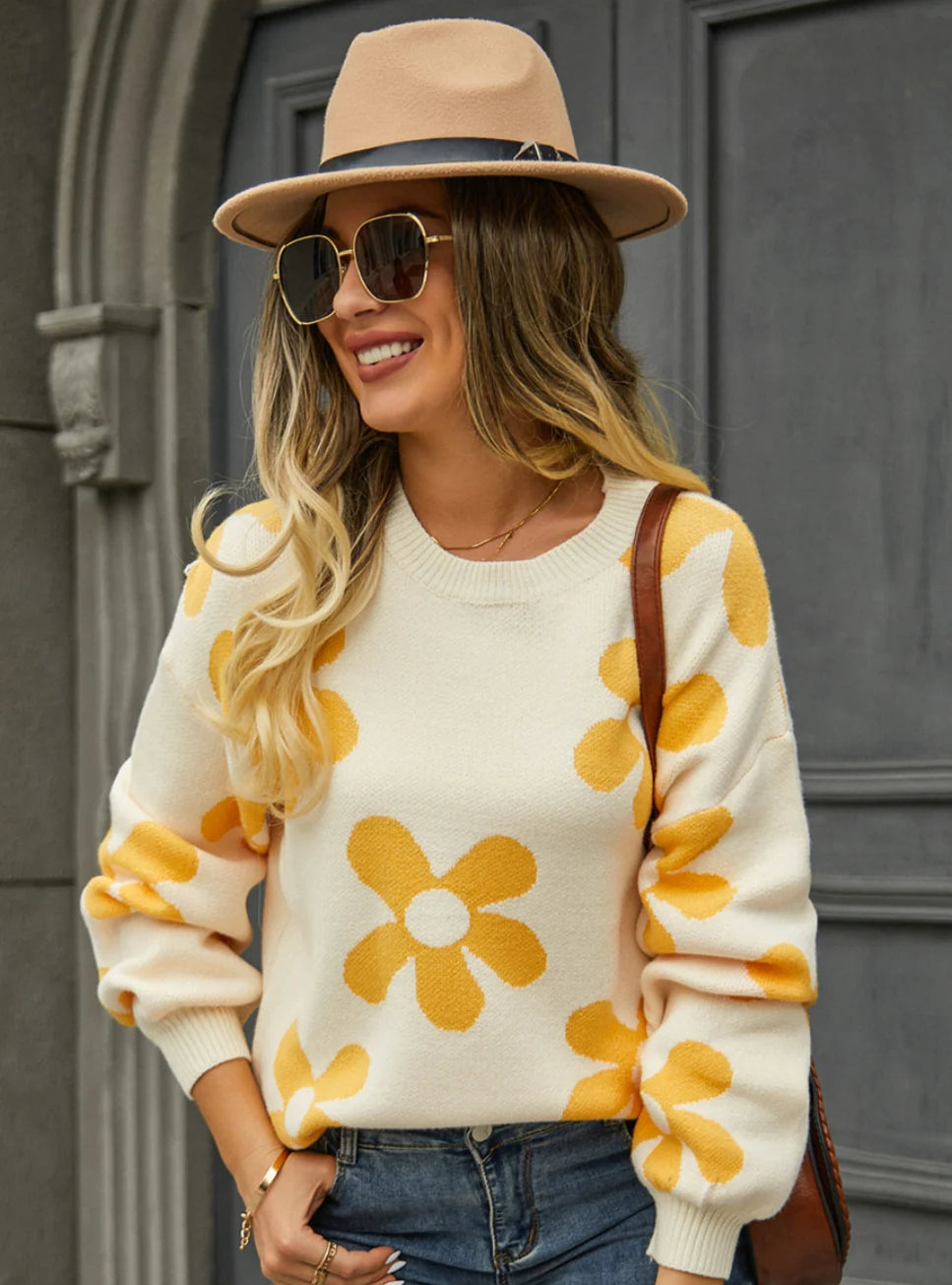 Printed Pullover Flower Sweater Flutter Sleeve Feminine