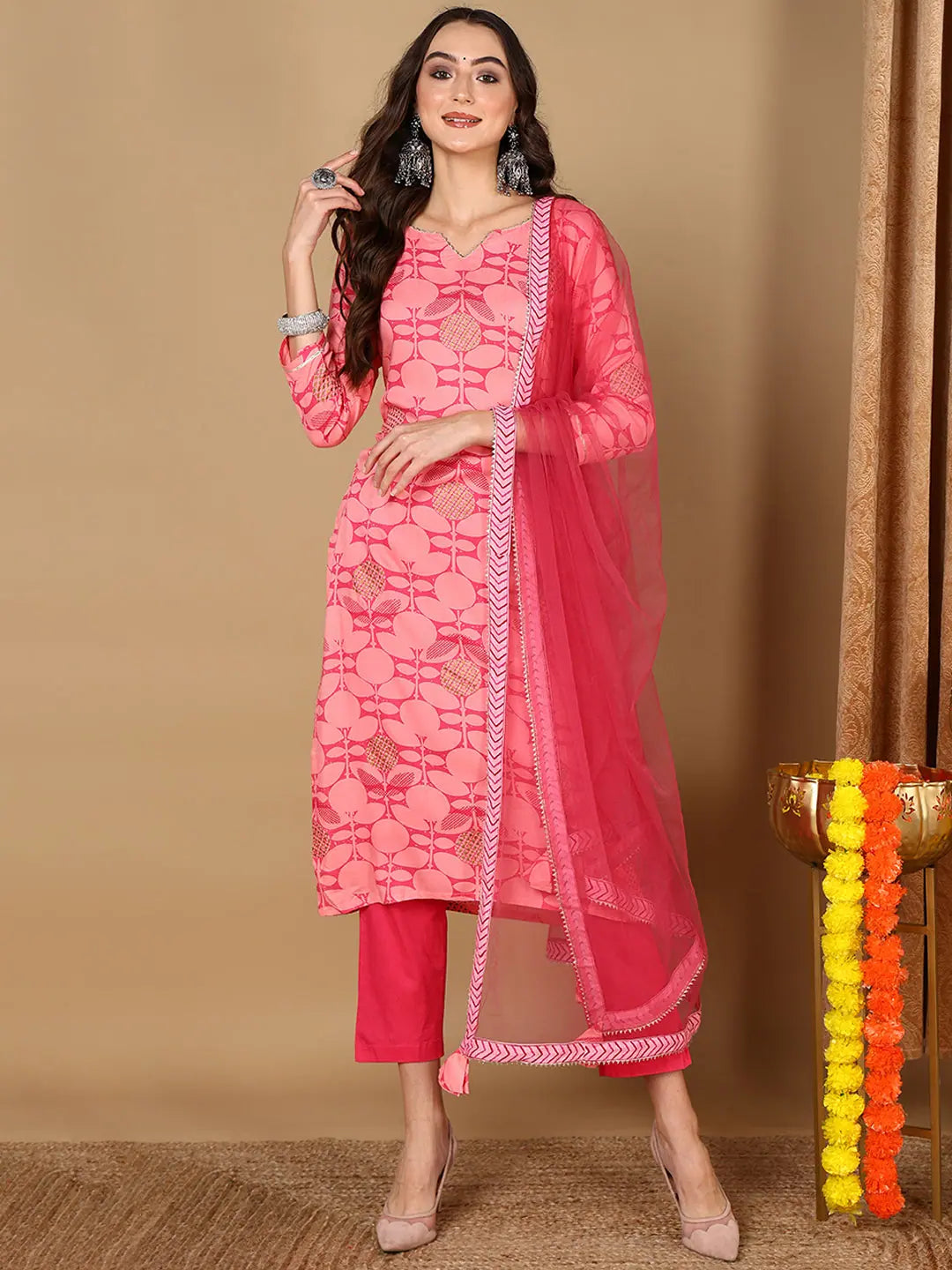 Ahika Women Pink Viscose Rayon Geometric Printed Straight Kurta Trouser With Dupatta-VKSKD1990A_XS Trousers luxurious premium Ahika Women Pink Viscose Rayon Geometric Printed Straight Kurta Trouser With Dupatta-VKSKD1990A_XS Trousers luxurious premium
