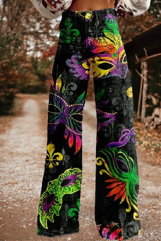 Vintage Mardi Gras Print Wide Leg Trousers Trousers chic elegant