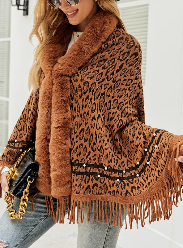 LEOPARD PRINT FUR COLLAR TASSEL WARM SCARF SHAWL Comfortable Plaid Shawl Wrap