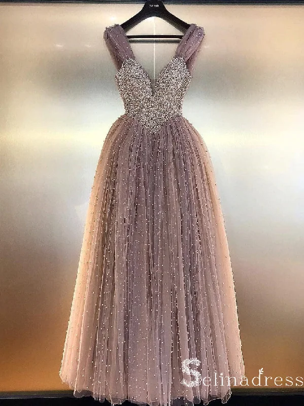 Dusty Pink Sparkly Long Prom Dresses Beaded Tulle Princess Formal Gowns Evening Dress SED020