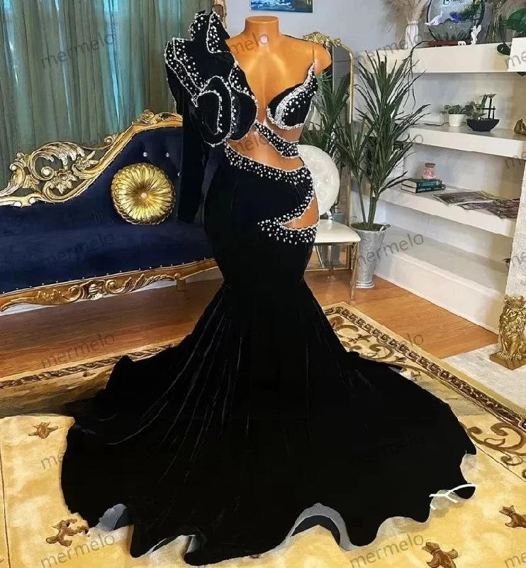 Sexy Black Velvet Prom Dresses One Shoulder Beading Mermaid Party Gowns Long Sleeve Elegant Homecoming Dress Customized Sexy Black Velvet Prom Dresses One Shoulder Beading Mermaid Party Gowns Long Sleeve Elegant Homecoming Dress Customized
