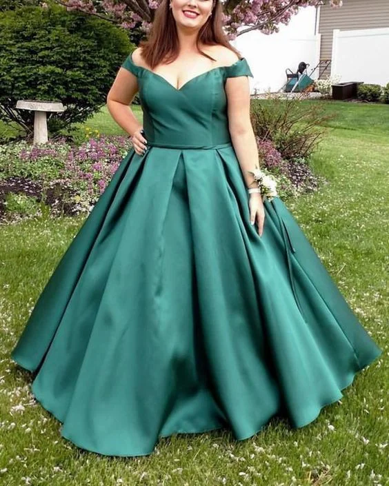 Satin Teal Off Shoulder Plus Size Ball Gown Sweetheart Prom Dresses    cg14617
