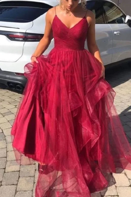 Ruffles Red Long Prom Dress with Open Back    cg14424