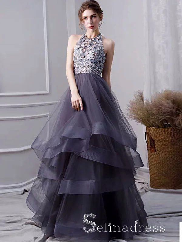 Grey Tulle 3D Flowers Backless Beading High Neck Long Prom Dress Evening Gowns SED046 Grey Tulle 3D Flowers Backless Beading High Neck Long Prom Dress Evening Gowns SED046