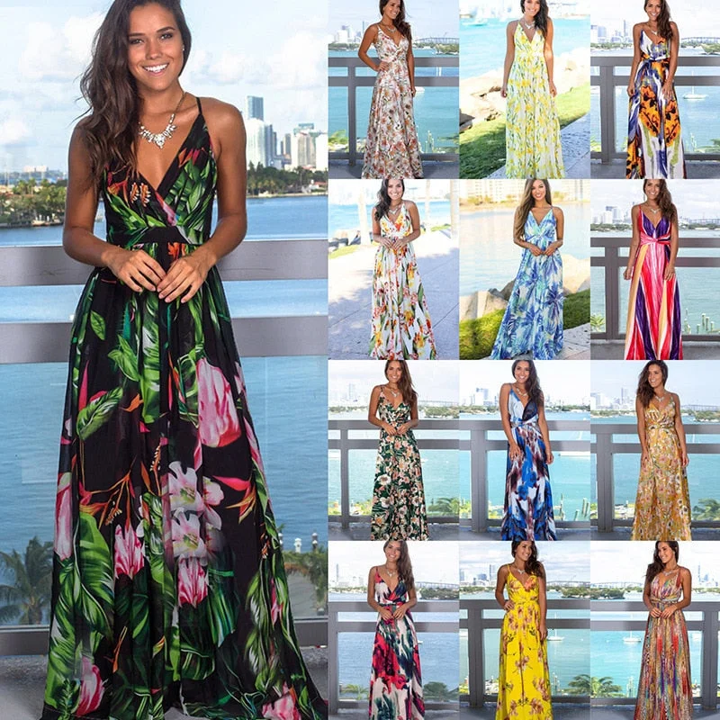 2020 Multicolor Tropical Jungle Leaf Boho Long Dress Sling Cross Back Women V neck Party Night Elegant Sexy Maxi Summer Dresses