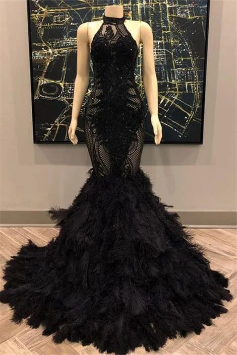 Lace Appliques Halter Feather Prom Dresses | Sleeveless Sexy Mermaid Evening Gowns cg14704 Lace Appliques Halter Feather Prom Dresses | Sleeveless Sexy Mermaid Evening Gowns cg14704