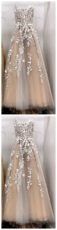 Elegant Spaghetti Tulle Appliques Prom Dresses Formal Evening Gowns  cg14591