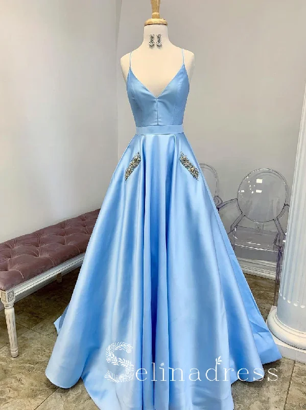 A-line Blue Spaghetti Straps Affordable Prom Dresses With Pocket Long Formal Evening Gowns SED146 A-line Blue Spaghetti Straps Affordable Prom Dresses With Pocket Long Formal Evening Gowns SED146