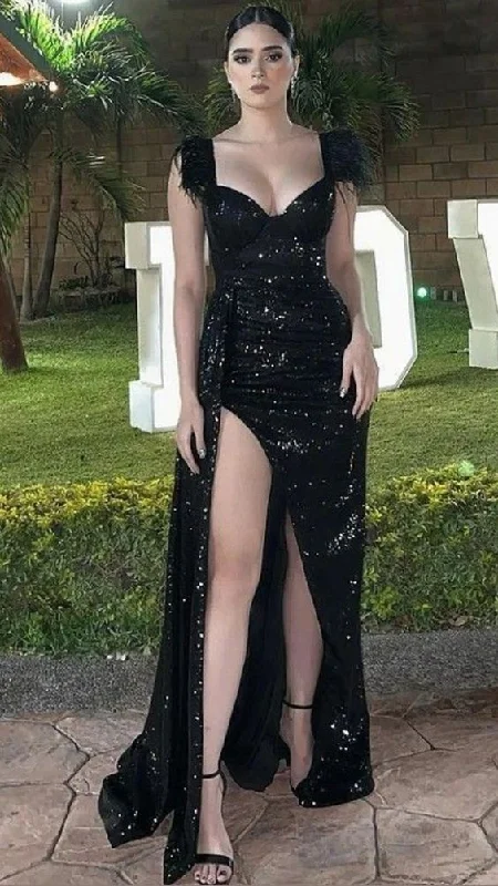 Sweetheart Black Sequin Side Slit Long Evening Prom Dresses cc1064