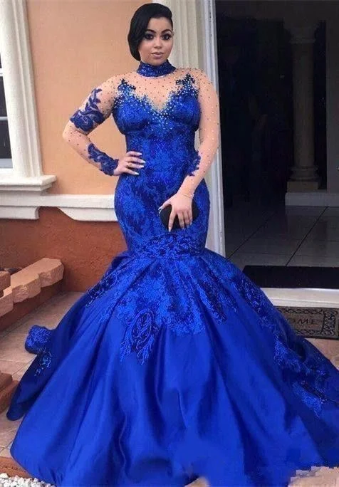 Royal-Blue Long-SleeveProm Dress | Mermaid Lace Evening Gowns    cg14311