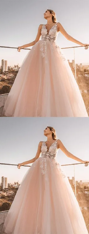 Princess V Neck Pink and White Long Prom Dress   cg14446