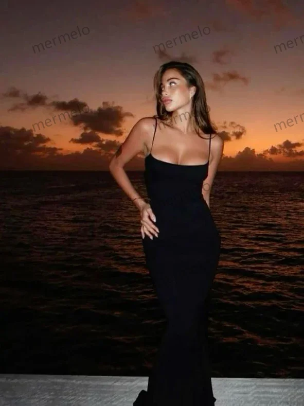 Sexy Mermaid Spaghetti Straps Floor Length Black Evening Dress Prom Dresses