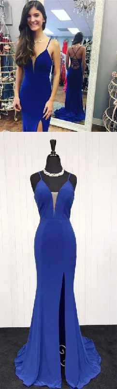 Sexy Spaghetti Straps Royal Blue Split Side Prom Dresses Evening Gowns For Women cg14284 Sexy Spaghetti Straps Royal Blue Split Side Prom Dresses Evening Gowns For Women cg14284